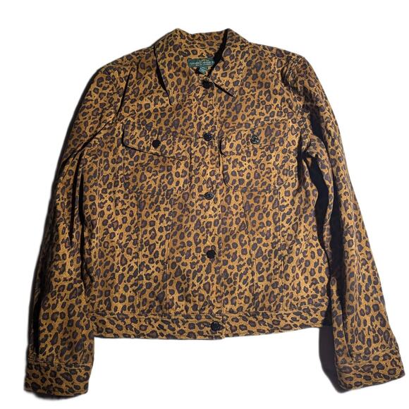 Vtg Y2K Lauren Ralph Lauren Brown Cotton Denim Leopard Print Button Up Jacket L - Picture 1 of 3
